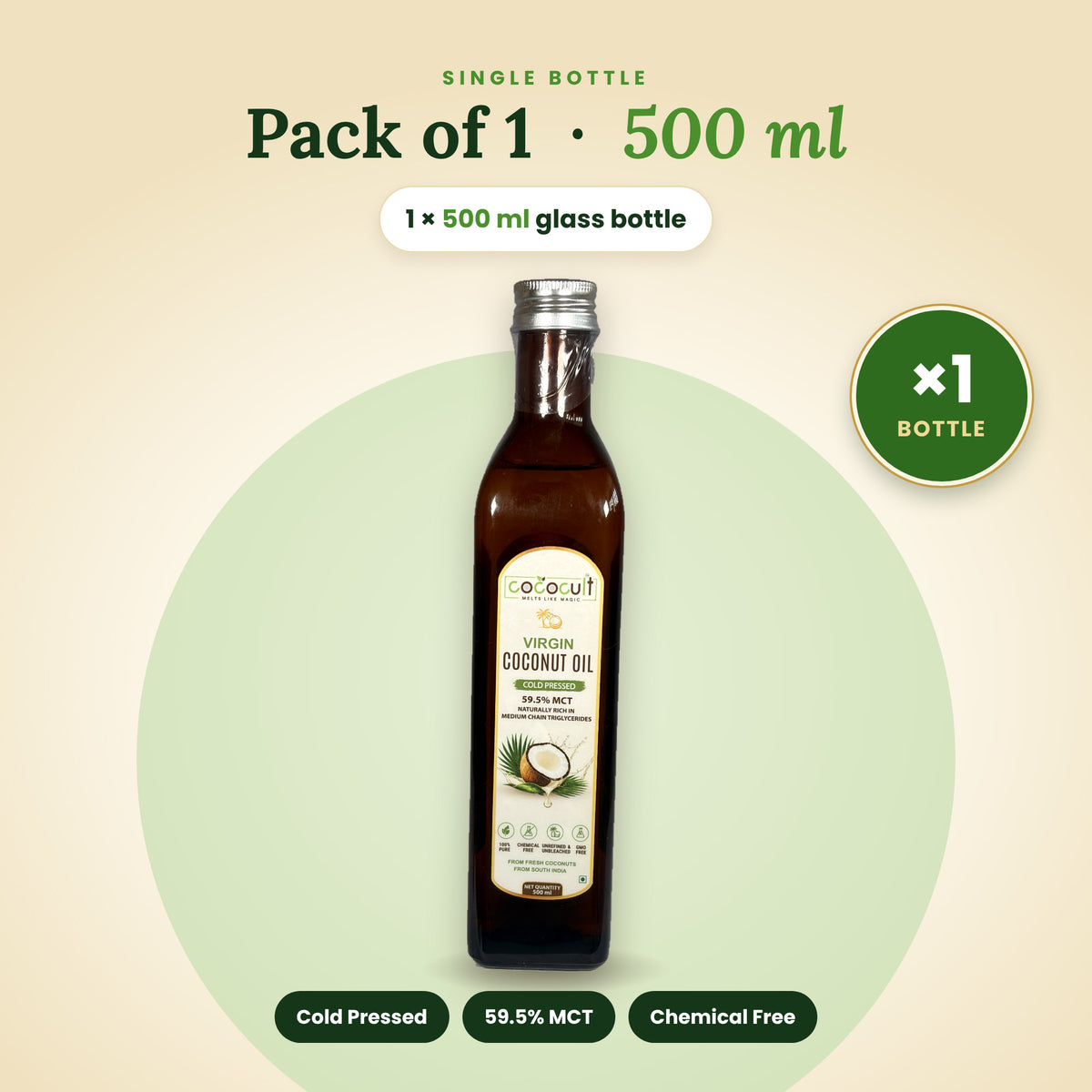 Cococult virgin coconut oil single bottle, 500 ml