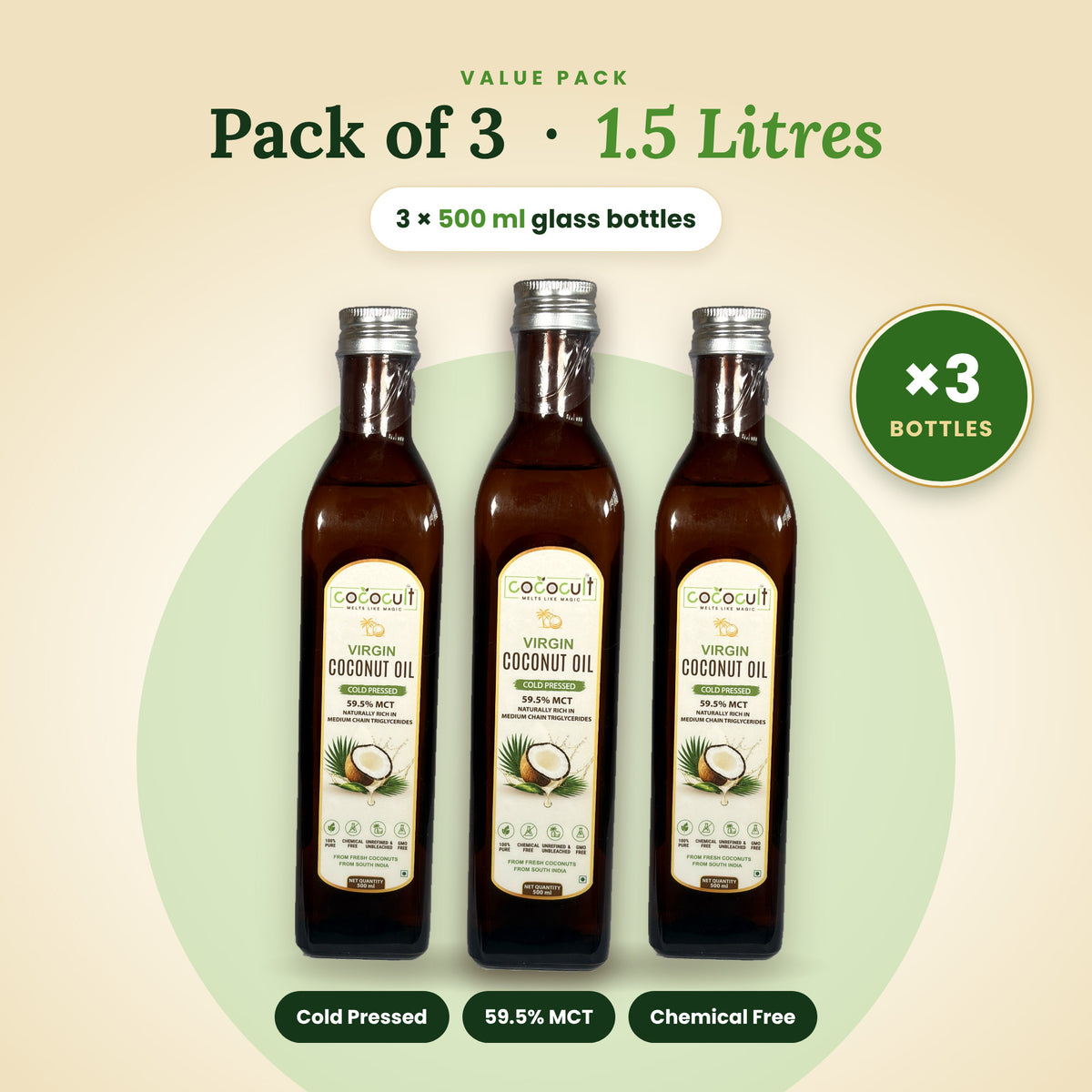Cococult virgin coconut oil 3-pack, 3 × 500 ml