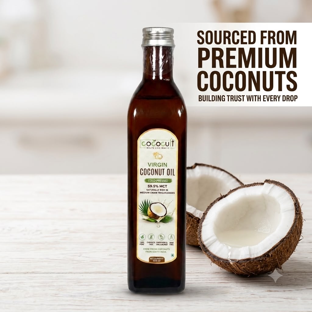 Cococult virgin coconut oil 500 ml, front of bottle